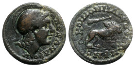 Macedon, Koinon of Macedon. Pseudo-autonomous issue, time of Gordian III (238-244). Æ (26mm, 8.65g, 7h). Helmeted head of Alexander III r. R/ Lion adv...