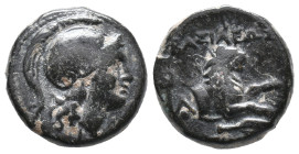 Kings of Thrace, Lysimachos (305-281 BC). Æ (13mm, 2.90g). Helmeted head of Athena r. R/ Forepart of a lion r.; kerykeion and monogram to l., spearhea...