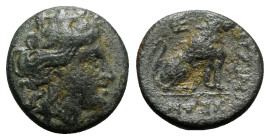 Thrace, Lysimacheia, c. 309-220 BC. Æ (17mm, 5.56g, 3h). Laureate head of Apollo r. R/ Lion seated r.; ΘЄ monogram above. SNG Copenhagen 909-12 var. (...