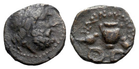 Thessaly, Krannon, 3rd century BC. Æ Chalkous (13mm, 4.79g, 12h). Laureate head of Poseidon (or Zeus) r. R/ Hydria on cart, with crow perched inward o...