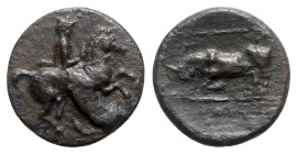 Thessaly, Krannon, c. 350-300 BC. Æ Chalkous (14mm, 2.41g, 12h). Thessalian warrior on horse rearing r. R/ Bbull butting l.; above, trident l. BCD The...