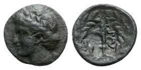 Thessaly, Larissa Kremaste, c. 302-286 BC. Æ Chalkous (12mm, 1.31g, 12h). Head of Nymph l. R/ Harpa within olive wreath. BCD Thessaly II 405.1; Rogers...