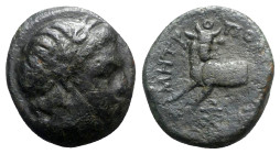 Thessaly, Metropolis, 3rd century BC. Æ Trichalkon (20.5mm, 8.73g, 12h). Laureate head of Apollo r. R/ Forepart of man-headed bull l., head right; mon...