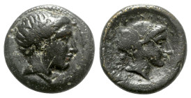 Thessaly, Phalanna, c. 4th century BC. Æ Trichalkon (20mm, 7.20g, 3h). Male head r. R/ Head of nymph r., hair bound in sakkos. BCD Thessaly 583; Roger...