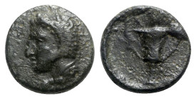 Thessaly, Skotoussa, mid-late 4th century BC. Æ Chalkous (12.5mm, 2.15g, 3h). Head of Herakles l., wearing lion skin. R Kantharos. Rogers –; BCD Thess...