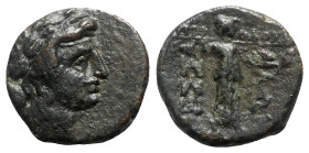 Thessaly, Thessalian League, c. 100-50 BC. Æ Trichalkon (20mm, 7.31g, 12h). Hippolochos, magistrate. Laureate head of Apollo r. R/ Athena Itonia strid...