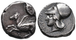 Akarnania, Leukas, c. 375-350 BC. AR Stater (20mm, 8.60g). Pegasos flying l. R/ Helmeted head of Athena l. HGC 4, 822. VF