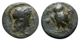 Attica, Athens. Pseudo-autonomous issue, c. AD 120-175. Æ (13mm, 2.55g, 12h). Helmeted head of Athena r. R/ Owl standing l. RPC IV.1 online 8273 (temp...