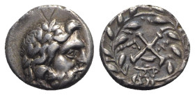 Achaia, Achaian League. Antigoneia (Mantinea), c. 188-180 BC. AR Triobol or Hemidrachm (13mm, 2.39g, 12h). Laureate head of Zeus r. R/ Monogram of the...