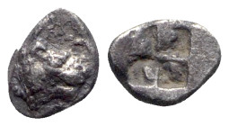 Asia Minor, Uncertain mint, 5th century BC. AR Hemiobol (6mm, 0.34g). Head of lion r. R/ Quadripartite incuse square. Unpublished in the standard refe...