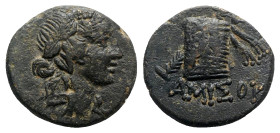 Pontos, Amisos, time of Mithradates VI, c. 85-65 BC. Æ (20mm, 7.31g, 12h). Wreathed head of Mithradates VI as young Dionysos r. R/ Panther skin and th...