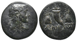 Pontos, Amisos, time of Mithradates VI, c. 85-65 BC. Æ (19mm, 4.28g). Bareheaded and draped bust of Perseus r. R/ Cornucopiae between two piloi. SNG B...