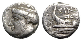 Paphlagonia, Sinope, late 4th-3rd century BC. AR Tetrobol (12mm, 2.46g, 12h). Turreted head of Tyche l. R/ Prow l.; aphlaston and monogram to l. SNG B...