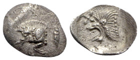 Mysia, Kyzikos, c. 450-400 BC. AR Hemiobol (10mm, 0.37g, 11h). Forepart of boar l.; tunny to r. R/ Head of lion l.; star to l.; all within incuse squa...