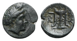 Mysia, Kyzikos, 3rd century BC. Æ (11mm, 1.30g, 12h). Head of Kore Soteira r., hair bound in sakkos. R/ Tripod; tunny below. SNG BnF 429. Dark green p...