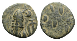 Kings of Elymais, Orodes II (c. AD 100-150). Æ Drachm (14mm, 3.28g). Facing bust wearing tiara; anchor to r. R/ Dashes. Van’t Haaff Type 13.3. Green p...