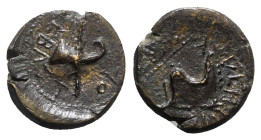 Kings of Thrace, Rhoemetalces and Augustus (11 BC-12 AD). Thrace. Æ (15mm, 2.30g, 5h). Fasces. R/ Sella curulis and sceptre. RPC I 1706; BMC 10-1. VF