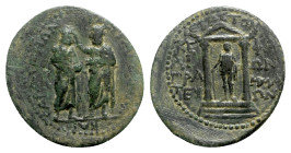Augustus with Caius and Lucius Caesars (27 BC-AD 14). Mysia, Pergamum. Æ (21mm, 4.45g, 12h). Kephalion, grammateus, c. AD 1. Demos of Pergamum standin...