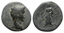 Augustus (?) (27 BC-AD 14). Phrygia, Prymnessus. Æ (19.5mm, 5.45g, 12h). Leukios, magistrate. Bare head r. R/ Dikaiosyne advancing l., holding scales ...