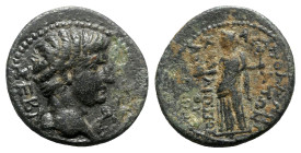 Tiberius (14-37). Caria, Apollonia Salbace. Æ (21mm, 5.92g, 12h). Kallippos Artemiodoros, magistrate. Bare head r. R/ Apollo standing l., holding rave...