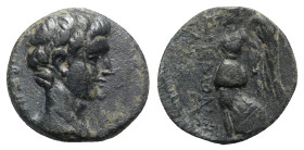 Tiberius (14-37). Phrygia, Acmoneia. Æ (17mm, 5.34g, 12h). Bare head r. R/ Nike advancing l., holding wreath and palm. RPC I 3169; SNG Copenhagen 23; ...