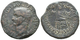 Tiberius (14-37). Zeugitania, Utica. Æ Dupondius (30mm, 18.36g). Vibius Marsus, proconsul; Gaius Sallustius Iustus, duovir. Bare head l. R/ Livia, vei...