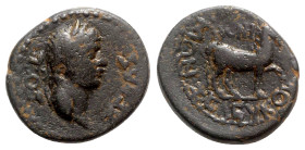 Claudius (41-54). Caria, Cidrama. Æ (21mm, 6.17g, 12h). Polemon, son of Seleukos, magistrate. Laureate head r. R/ Horse prancing r. RPC I 2878. Near V...