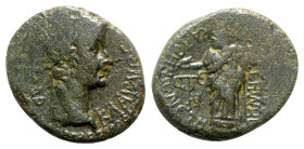 Claudius (41-54). Phrygia, Cadi. Æ (21.5mm, 5.60g, 12h). Demetrius Artemas, magistrate. Laureate head r. R/ Jupiter standing l., holding eagle and sce...