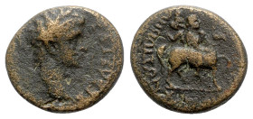 Claudius (41-54). Phrygia, Hierapolis. Æ (17mm, 4.41g, 12h). M. Suillios Antiochos, grammateus. Laureate head r. R/ Apollo on horseback r., holding la...