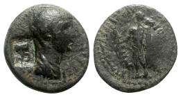 Nero (54-68). Phrygia, Eumeneia. Æ (20mm, 5.03g, 12h). Julius Cleon, archiereus of Asia, c. 54-5. Draped and cuirassed bust r.; c/m: serpent coiled ar...