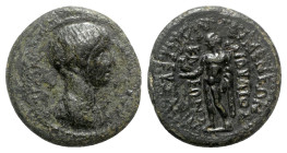 Nero (54-68). Phrygia, Eumeneia. Æ (21mm, 5.11g, 12h). Jovius Kleon, archon. Bare-headed and draped bust r. R/ Apollo standing l., holding bipennis an...