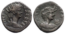 Nero (54-68). Egypt, Alexandria. BI Tetradrachm (25mm, 13.45g, 12h), year 12 (AD 65/6). Radiate bust r., wearing aegis. R/ Draped bust r. of Alexandri...