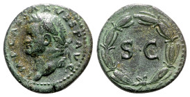 Vespasian (69-79). Seleucis and Pieria, Antioch. Æ As (22mm, 6.63g, 6h). Rome mint, for use in Syria. Laureate head l. R/ S C within laurel wreath. Mc...