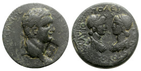 Domitian (81-96). Cilicia, Flaviopolis-Flavias. Æ (27mm, 13.44g, 12h), year 17 (89/90). Laureate head of Domitian r.; ; c/m: bust of Athena r. within ...