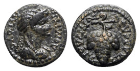 Domitia (Augusta, 82-96). Lydia, Philadelphia. Æ (13mm, 3.14g, 6h). Lagetas, magistrate. Draped bust r. R/ Bunch of grapes. RPC II 1336; SNG Copenhage...