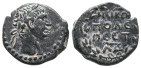 Trajan (98-117). Pontus, Nicopolis ad Lycum. Æ (13mm, 2.49g), year 34 (AD 104/5). Laureate head r. R/ Legend in four lines within wreath. RPC III 2940...