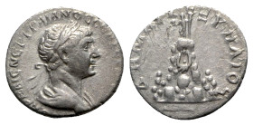 Trajan (98-117). Cappadocia, Caesaraea-Eusebia. AR Drachm (17mm, 3.22g, 7h). Laureate and draped bust r. R/ Mt. Argaeus surmounted by Helios standing ...