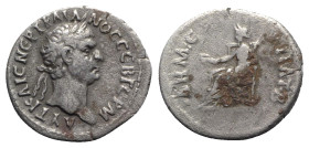 Trajan (98-117). Cappadocia, Caesarea. AR Drachm (19mm, 3.11g, 6h). AD 98/9. Laureate head r. R/ Eirene seated l. on throne, holding sceptre and grain...