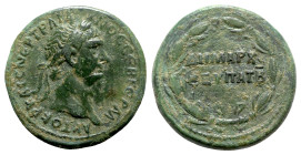 Trajan (98-117). Seleucis and Pieria, Antioch. Æ As (27mm, 13.46g, 6h). Rome mint, for circulation in Syria, AD 98-9. Laureate head r. R/ ΔΗΜΑΡΧ/ ЄΞ Y...