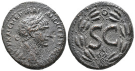 Trajan (98-117). Seleucis and Pieria, Antioch. Æ (28mm, 15.80g). Laureate bust r., with slight drapery. R/ Large SC; A below; all within laurel wreath...