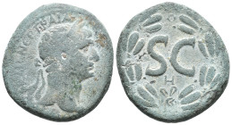 Trajan (98-117). Seleucis and Pieria, Antioch. Æ (27mm, 14.12g). Laureate head r. R/ Large SC; H below; all within laurel wreath. RPC III 3590. Good F...