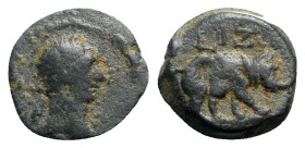 Trajan (98-117). Egypt, Alexandria. Æ Dichalkon (12mm, 1.38g, 12h), year 17 (AD 113/4). Laureate head r. R/ Rhinoceros walking r.; L IZ (date) above. ...