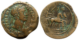 Trajan (98-117). Egypt, Alexandria. Æ Drachm (33.5mm, 15.33g, 11h), year 15 (AD 111/2). Laureate bust r., wearing aegis R/ Emperor, holding palm and s...