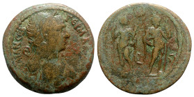 Trajan (98-117). Egypt, Alexandria. Æ Drachm (33.5mm, 19.37g, 12h), year 16 (AD 112/3). Laureate bust r., drapery on far shoulder. R/ The Dioskouroi s...