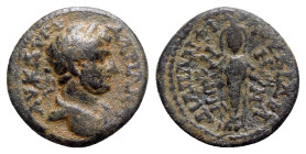 Hadrian (117-138). Caria, Cidramus. Æ (17mm, 3.30g, 6h). Pamphilos, magistrate. Laureate and draped bust r. R/ Facing cult statue of Artemis Ephesia. ...