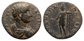 Hadrian (117-138). Phrygia, Palaeobeudus. Æ (20mm, 4.34g, 12h). Laureate, draped and cuirassed bust r., seen from behind. R/ Mên standing l., wearing ...