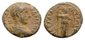 Hadrian (117-138). Pamphylia, Perge. Æ (15mm, 2.24g, 6h). Laureate, draped and cuirassed bust r. R/ Artemis standing r., with radiate crown, holding t...