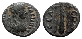 Hadrian (117-138). Pisidia, Selge. Æ (14mm, 2.36g, 12h). Laureate, draped and cuirassed bust r. R/ Club tied with ribbon. RPC III 2821; SNG BnF 2013; ...
