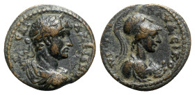 Hadrian (117-138). Lycaonia, Iconium. Æ (19mm, 5.48g, 6h). Laureate, draped and cuirassed bust r. R/ Helmeted bust of Athena r., wearing aegis. RPC II...