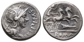 M. Cipius M.f., Rome, 115-114 BC. AR Denarius (16mm, 3.89g). Helmeted head of Roma r. R/ Victory driving galloping biga r., holding reins and palm fro...